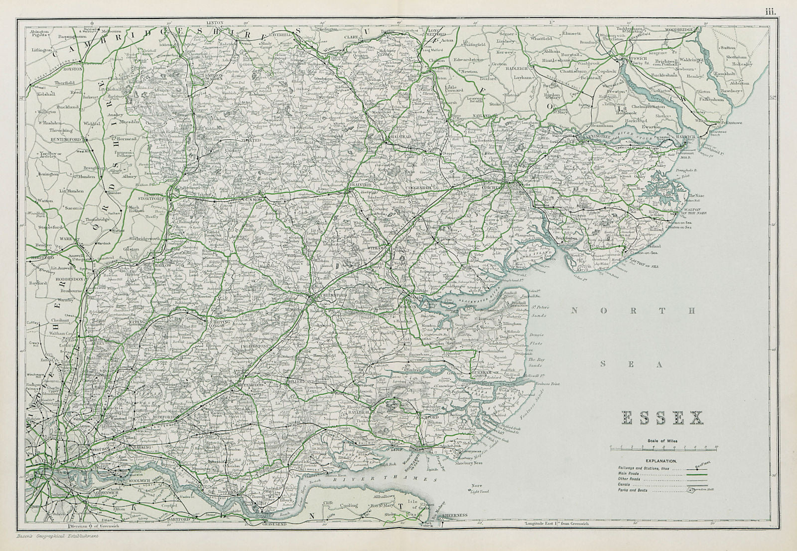 ESSEX. Showing Parliamentary divisions, boroughs & parks. BACON 1913 old map